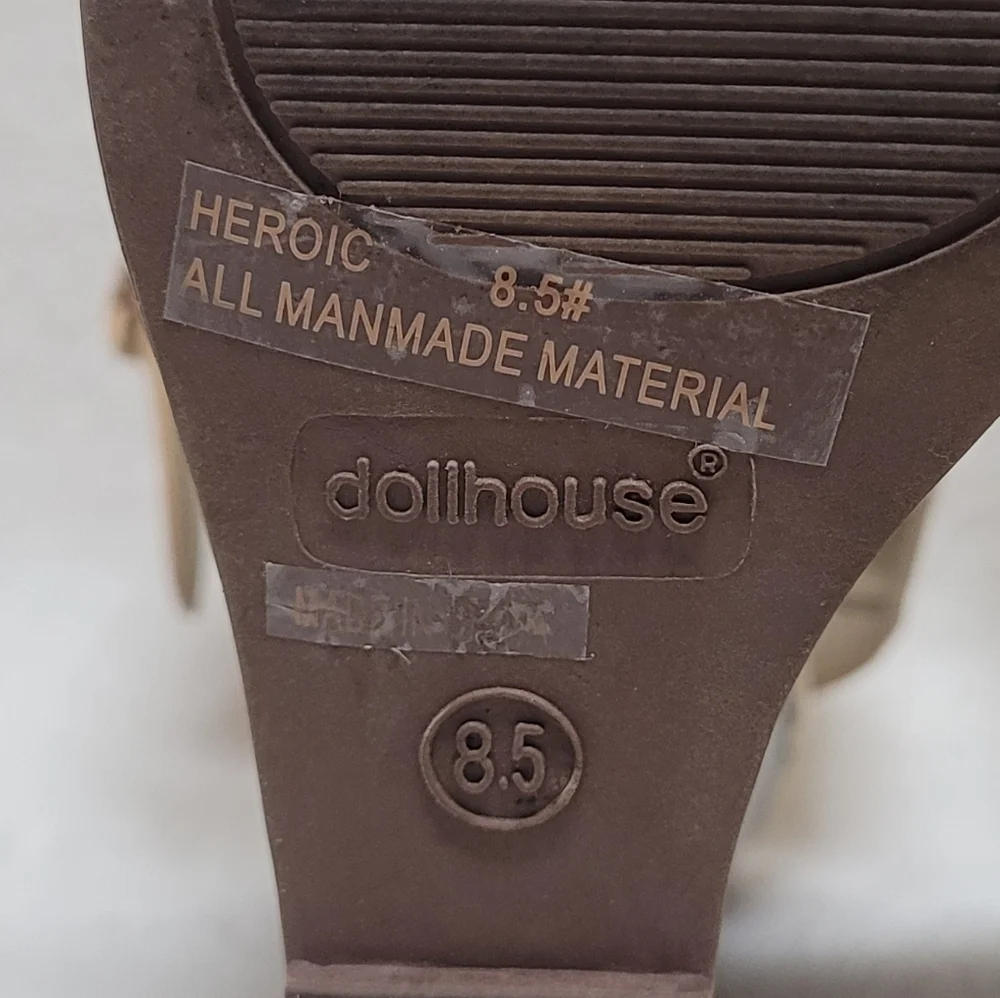 Lulus Dollhouse No Glitz No Glory Gold Wedge Sandals Vegan Leather Peep Toe 8.5